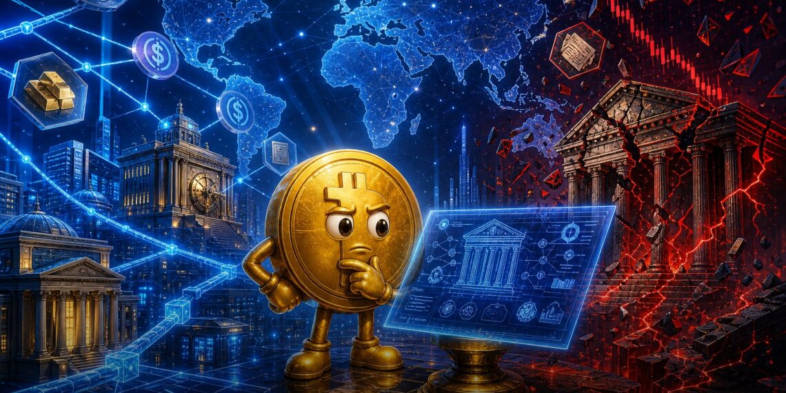 Ilustração editorial sobre tokenização, FMI e infraestrutura financeira global em blockchain