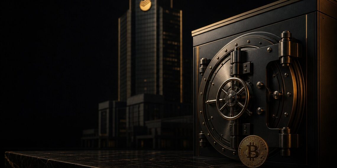 Cofre digital institucional com moeda de Bitcoin em capa editorial sobre infraestrutura cripto do Sberbank