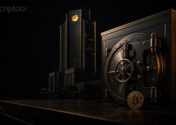 Cofre digital institucional com moeda de Bitcoin em capa editorial sobre infraestrutura cripto do Sberbank