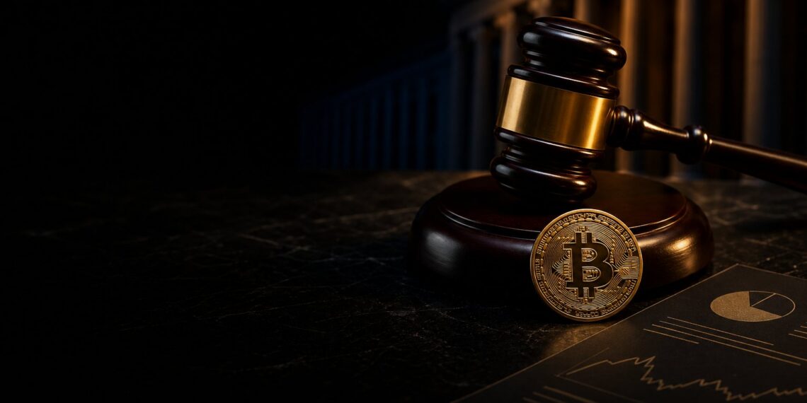 Martelo regulatório e moeda de Bitcoin em cena escura representando alerta da CFTC sobre mercados de previsão