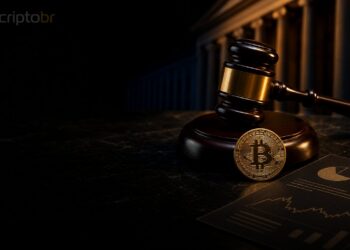 Martelo regulatório e moeda de Bitcoin em cena escura representando alerta da CFTC sobre mercados de previsão