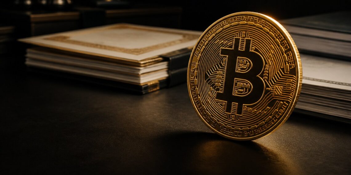 Bitcoin em mesa institucional representando métricas líquidas da Strategy
