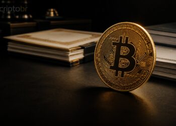 Bitcoin em mesa institucional representando métricas líquidas da Strategy