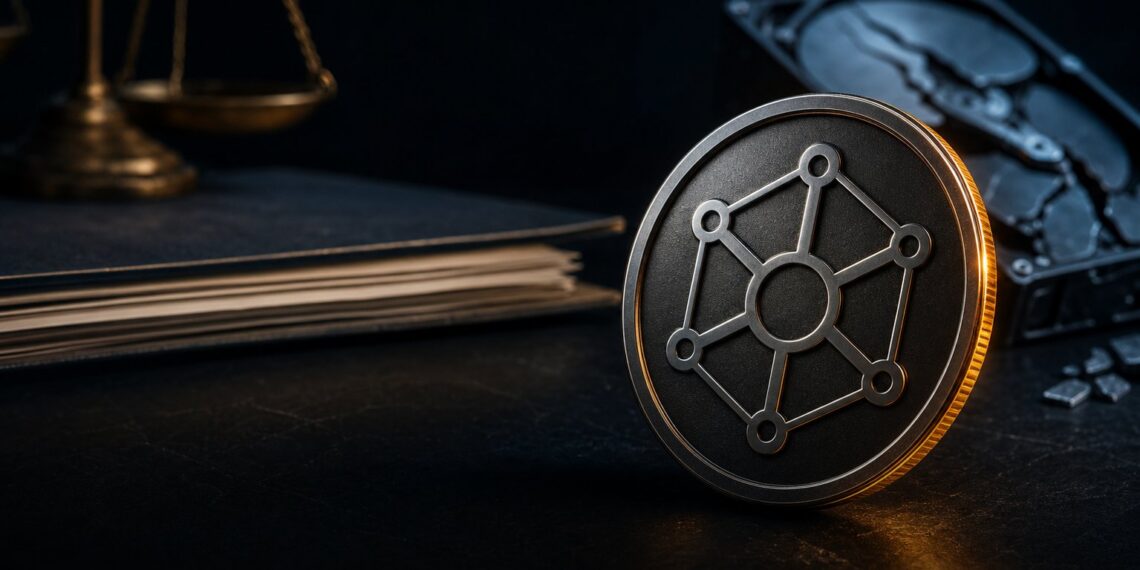 Token STORJ em mesa escura com documento de reestruturação judicial