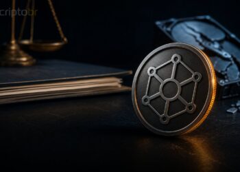 Token STORJ em mesa escura com documento de reestruturação judicial