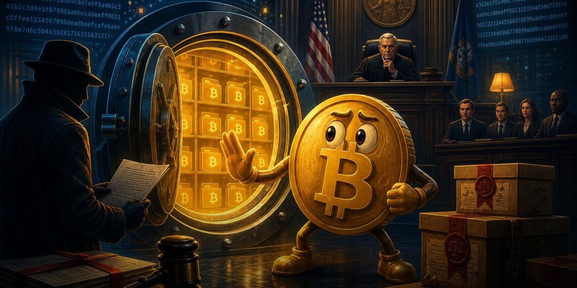 Ilustração editorial sobre disputa judicial por carteiras dormentes de Bitcoin