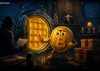 Ilustração editorial sobre disputa judicial por carteiras dormentes de Bitcoin