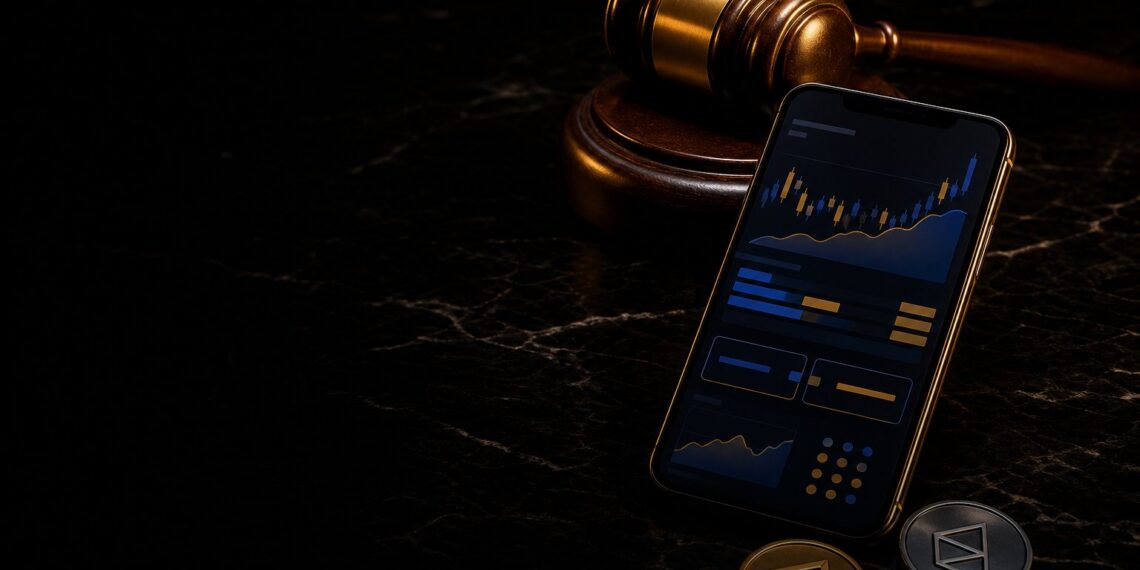 Martelo de juiz e celular simbolizam disputa regulatória de mercados de previsão
