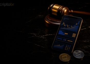 Martelo de juiz e celular simbolizam disputa regulatória de mercados de previsão