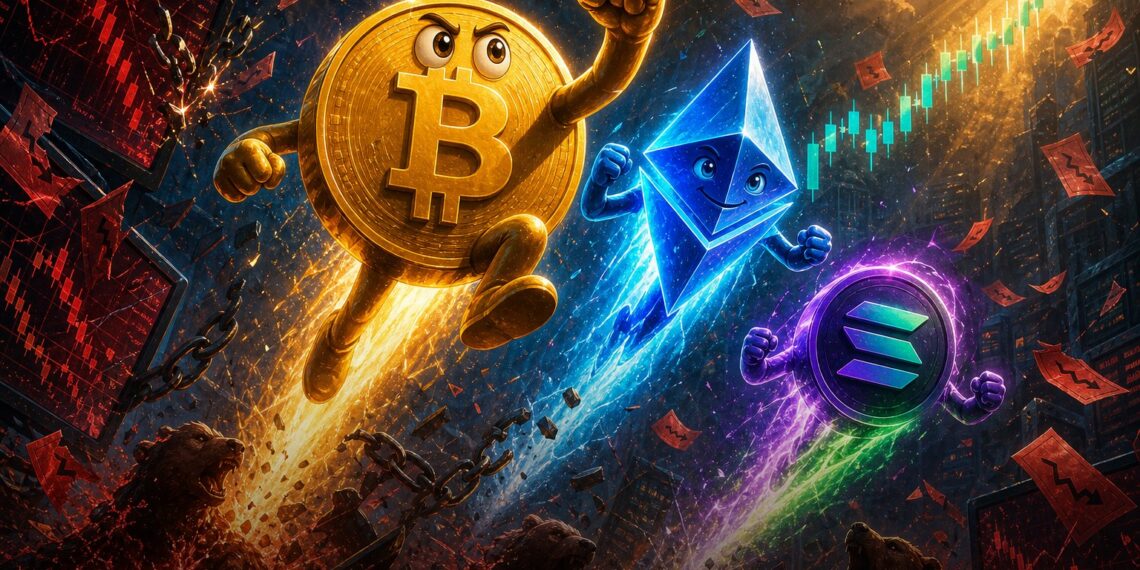 Ilustração editorial de Bitcoin, Ethereum e Solana subindo após short squeeze no mercado cripto