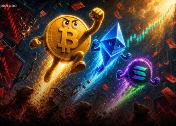 Ilustração editorial de Bitcoin, Ethereum e Solana subindo após short squeeze no mercado cripto