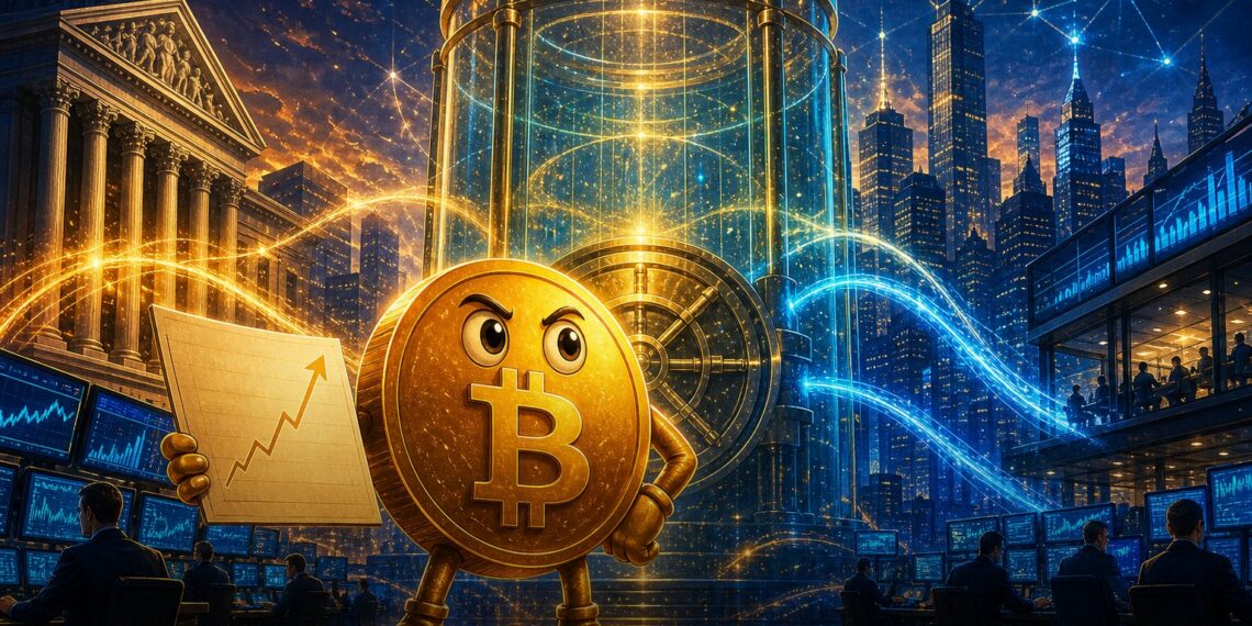 Mascote do Bitcoin diante de um cofre institucional simbolizando US$ 1 trilhão em capital novo