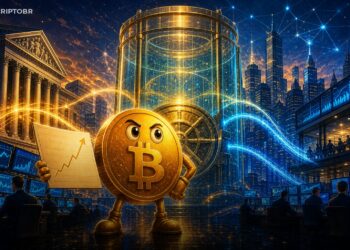 Mascote do Bitcoin diante de um cofre institucional simbolizando US$ 1 trilhão em capital novo