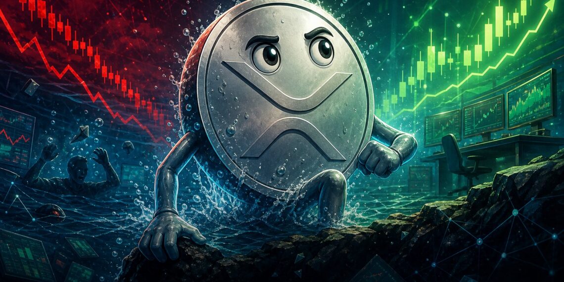 Ilustração editorial sobre XRP, holders no prejuízo e possível reversão on-chain