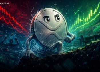 Ilustração editorial sobre XRP, holders no prejuízo e possível reversão on-chain
