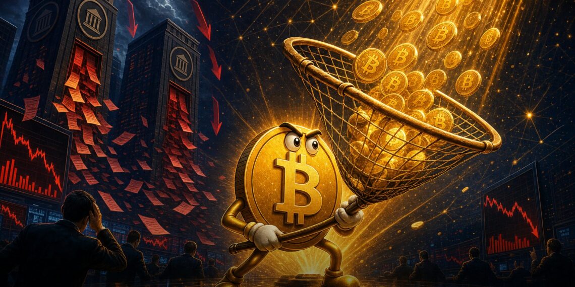 Ilustração editorial de baleias acumulando Bitcoin enquanto ETFs registram saques