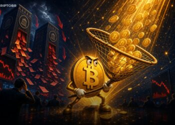 Ilustração editorial de baleias acumulando Bitcoin enquanto ETFs registram saques