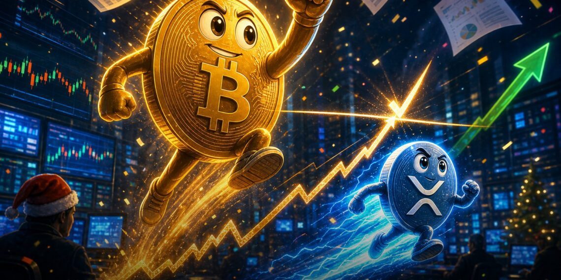 Mascote do Bitcoin sobe em gráfico de mercado enquanto XRP acompanha a alta