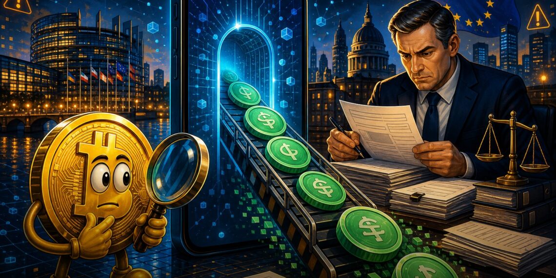 Ilustração editorial sobre Revolut retirando suporte ao USDT em meio a pressão regulatória sobre stablecoins