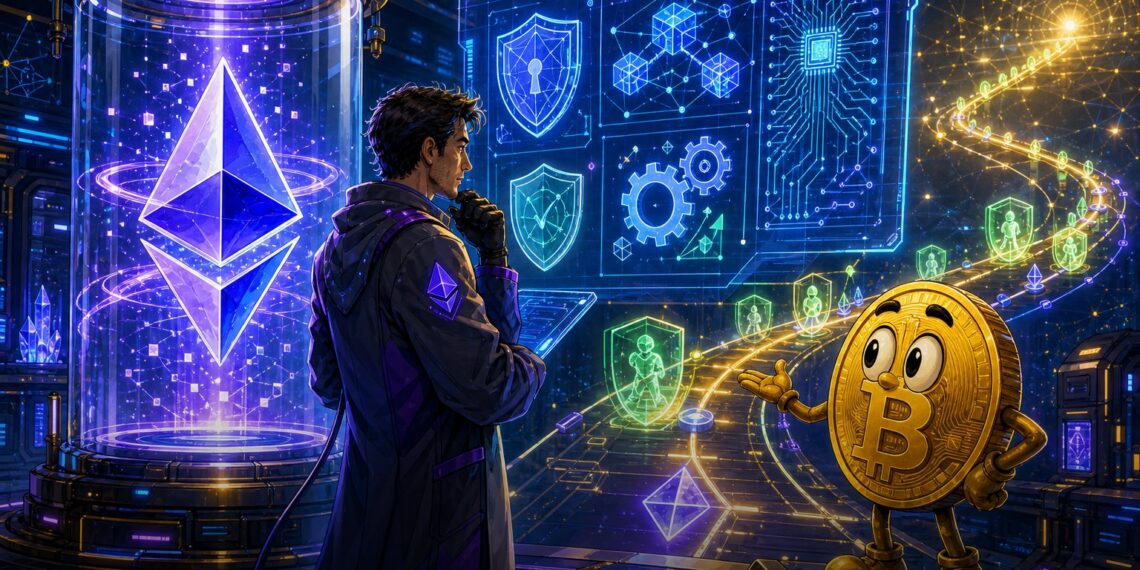 Ilustração editorial do roadmap Lean Ethereum com foco em privacidade, escala e segurança quântica