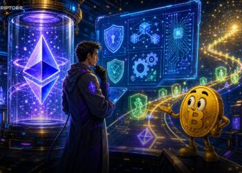 Ilustração editorial do roadmap Lean Ethereum com foco em privacidade, escala e segurança quântica