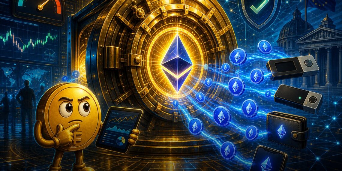 Ilustração editorial sobre saques de Ethereum da Binance e fluxos para autocustódia