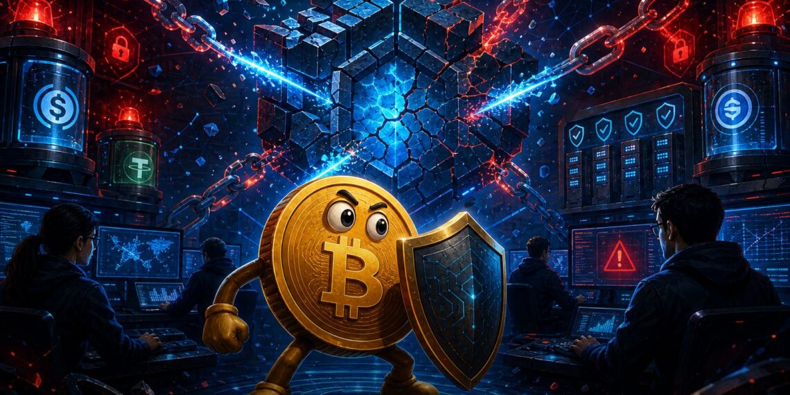 Ilustração editorial sobre falha de segurança na Aptos, bridges e stablecoins em alerta