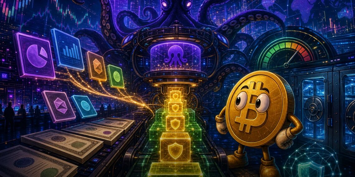 Ilustração editorial sobre ações tokenizadas da Kraken usadas como garantia em operações alavancadas cripto
