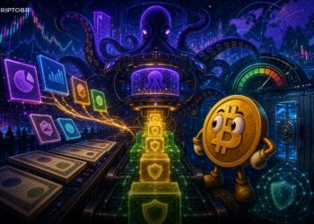 Ilustração editorial sobre ações tokenizadas da Kraken usadas como garantia em operações alavancadas cripto