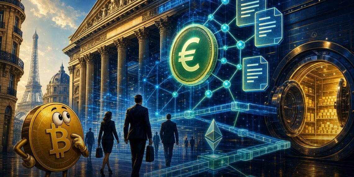Ilustração editorial sobre stablecoin em euro EURXT do Crédit Agricole no Ethereum
