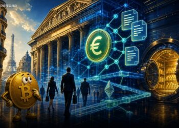 Ilustração editorial sobre stablecoin em euro EURXT do Crédit Agricole no Ethereum