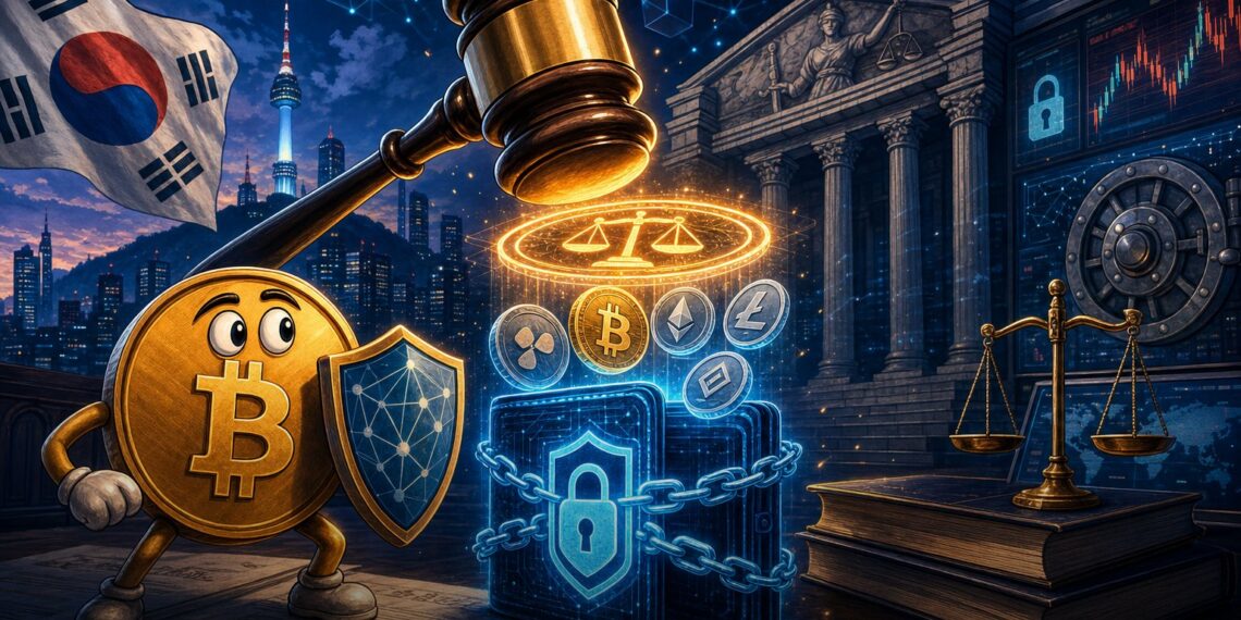 Ilustração editorial sobre penhora judicial de criptoativos na Coreia do Sul