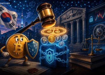 Ilustração editorial sobre penhora judicial de criptoativos na Coreia do Sul