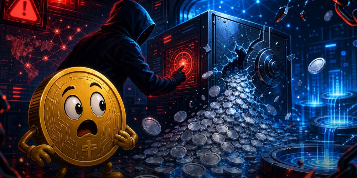 Ilustração de exploit DeFi com vault digital drenado por atacante usando flash loan