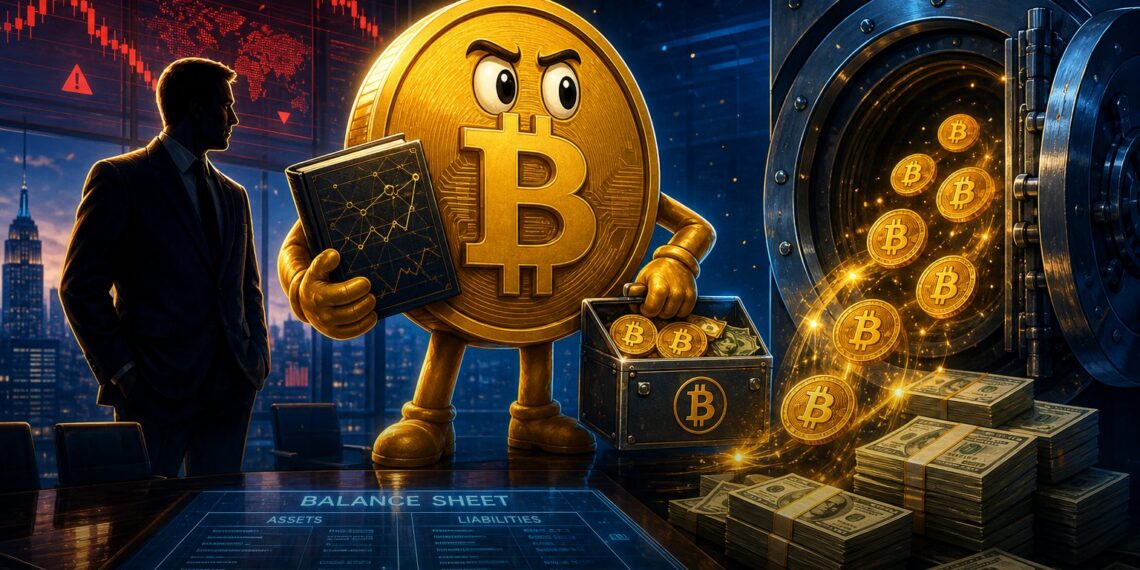 Ilustração editorial sobre a Strategy vendendo Bitcoin para pagar dividendos