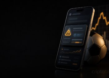 Smartphone com alerta de IA da Coinbase em capa editorial sobre mercados de previsão