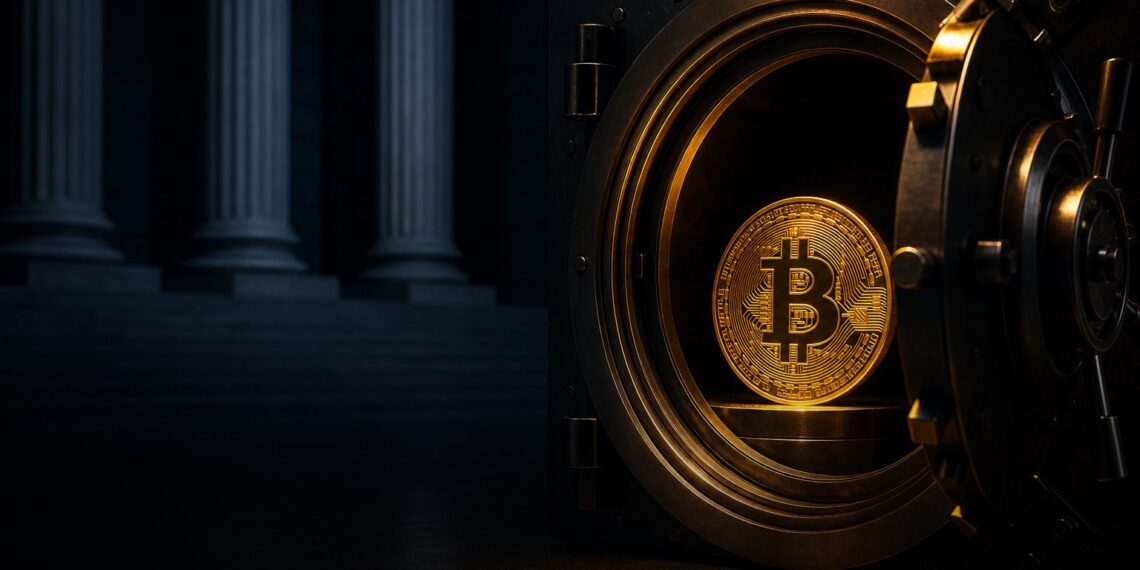 Bitcoin dourado em cofre escuro representando a Reserva Estratégica de Bitcoin dos Estados Unidos