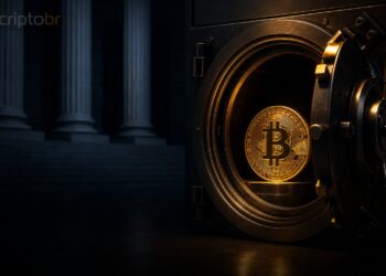 Bitcoin dourado em cofre escuro representando a Reserva Estratégica de Bitcoin dos Estados Unidos