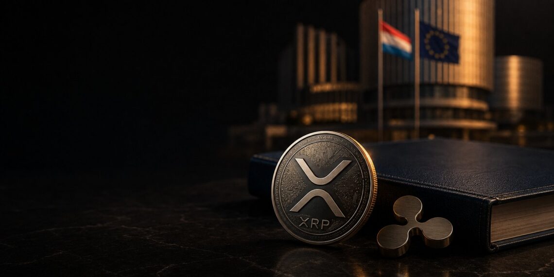 Token XRP e símbolo da Ripple em capa sobre licença MiCA na Europa