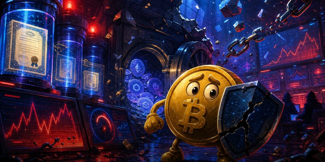 Ilustração editorial sobre exploit em lending DeFi com ação tokenizada do Google
