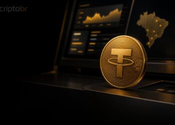 Moeda USDT em cenário financeiro digital representando investimento da Tether no Mercado Bitcoin