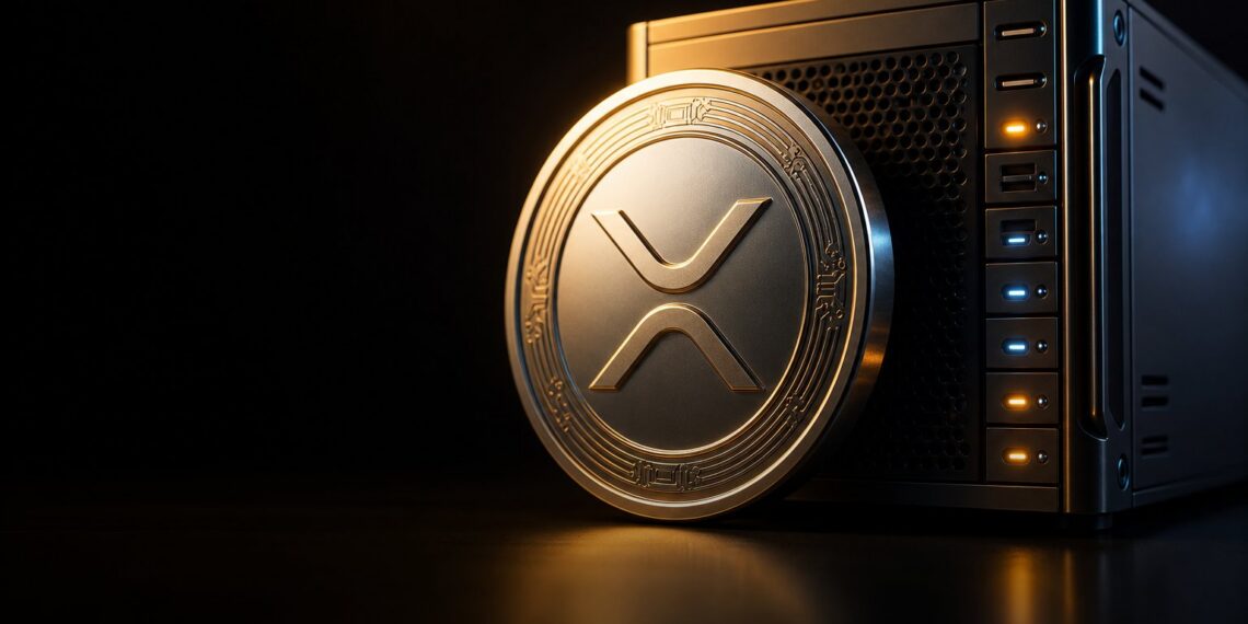 Capa editorial do XRP Ledger com token XRP e servidor em fundo escuro