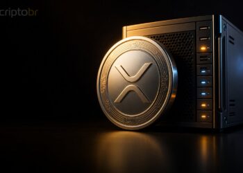 Capa editorial do XRP Ledger com token XRP e servidor em fundo escuro