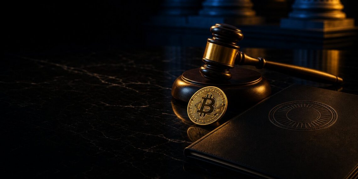 Martelo de juiz e moeda de Bitcoin em cena escura sobre regulação cripto nos EUA