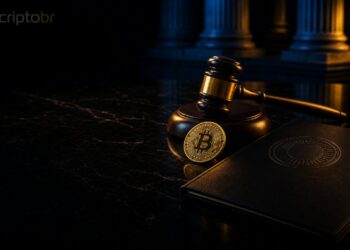 Martelo de juiz e moeda de Bitcoin em cena escura sobre regulação cripto nos EUA