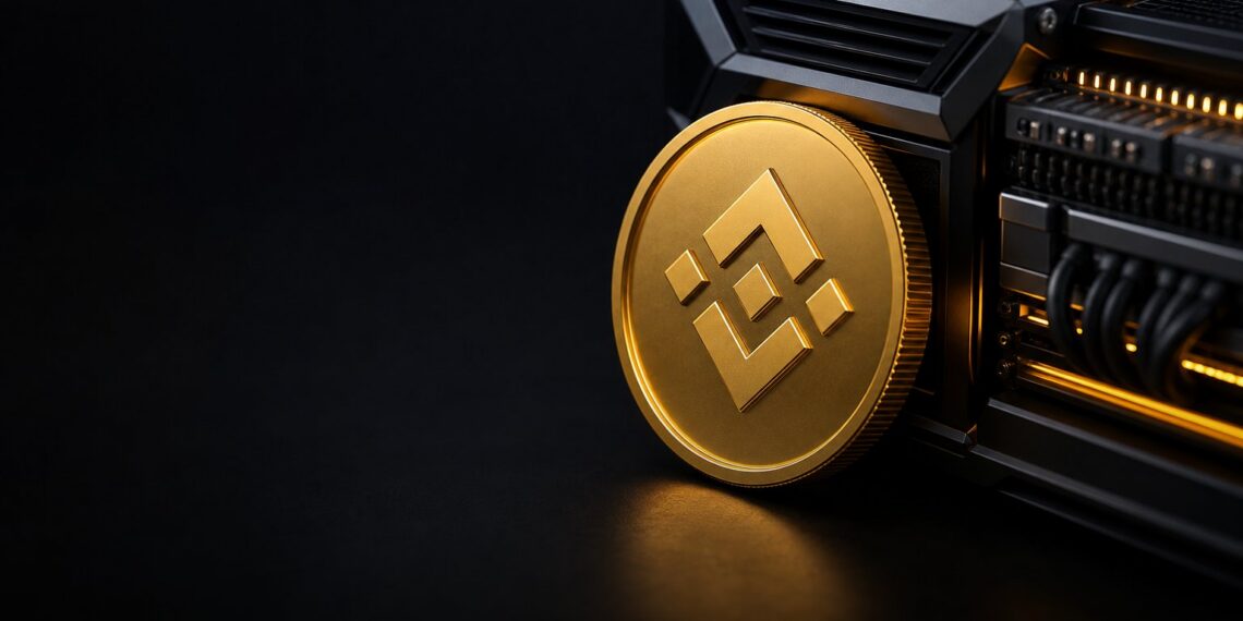 Token BNB em render editorial escuro representando nova Layer 1 da BNB Chain para trading com IA