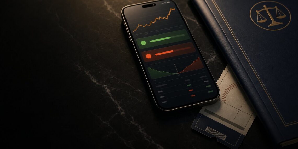Smartphone com interface de mercado de previsão em mesa escura, referência à volta da Polymarket aos EUA