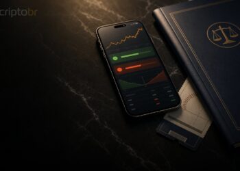 Smartphone com interface de mercado de previsão em mesa escura, referência à volta da Polymarket aos EUA