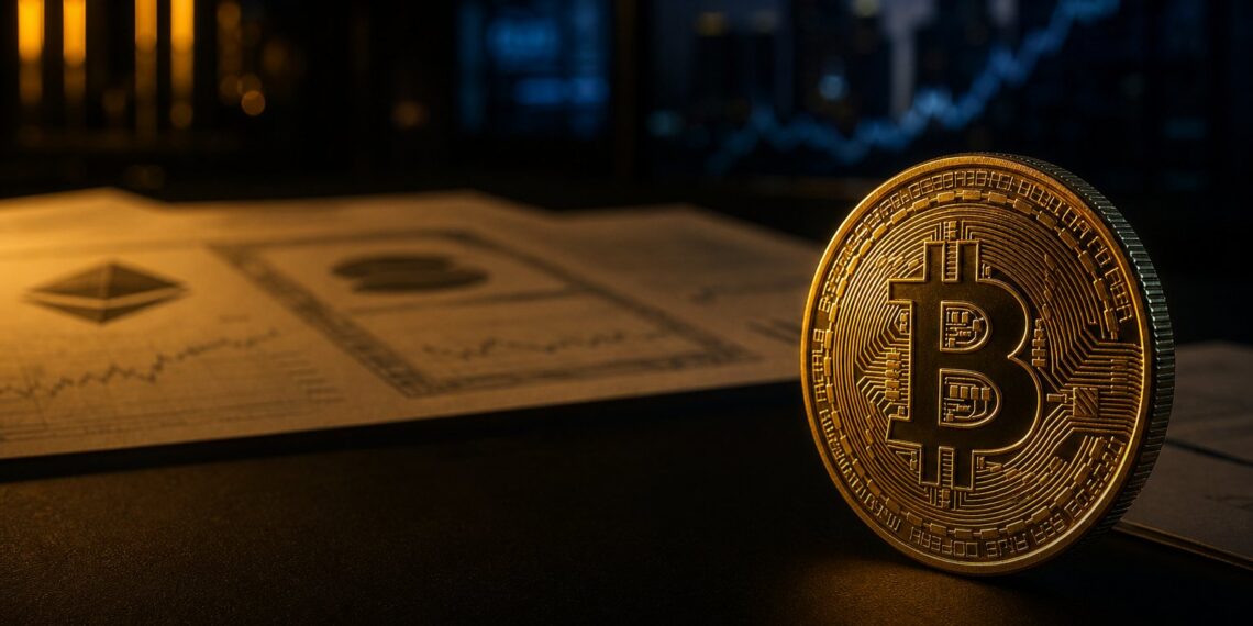 Moeda de Bitcoin em mesa de negociação escura representando opções cripto da B3