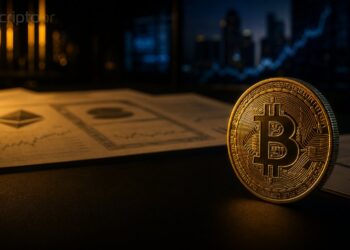 Moeda de Bitcoin em mesa de negociação escura representando opções cripto da B3